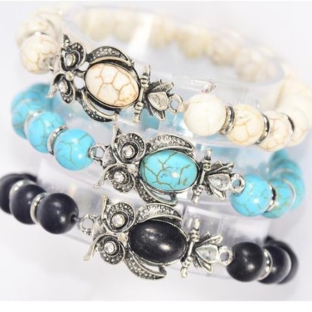 Owl Bracelet Blue 10 mm Semiprecious Stone crackle beads Strechy NEW NWT